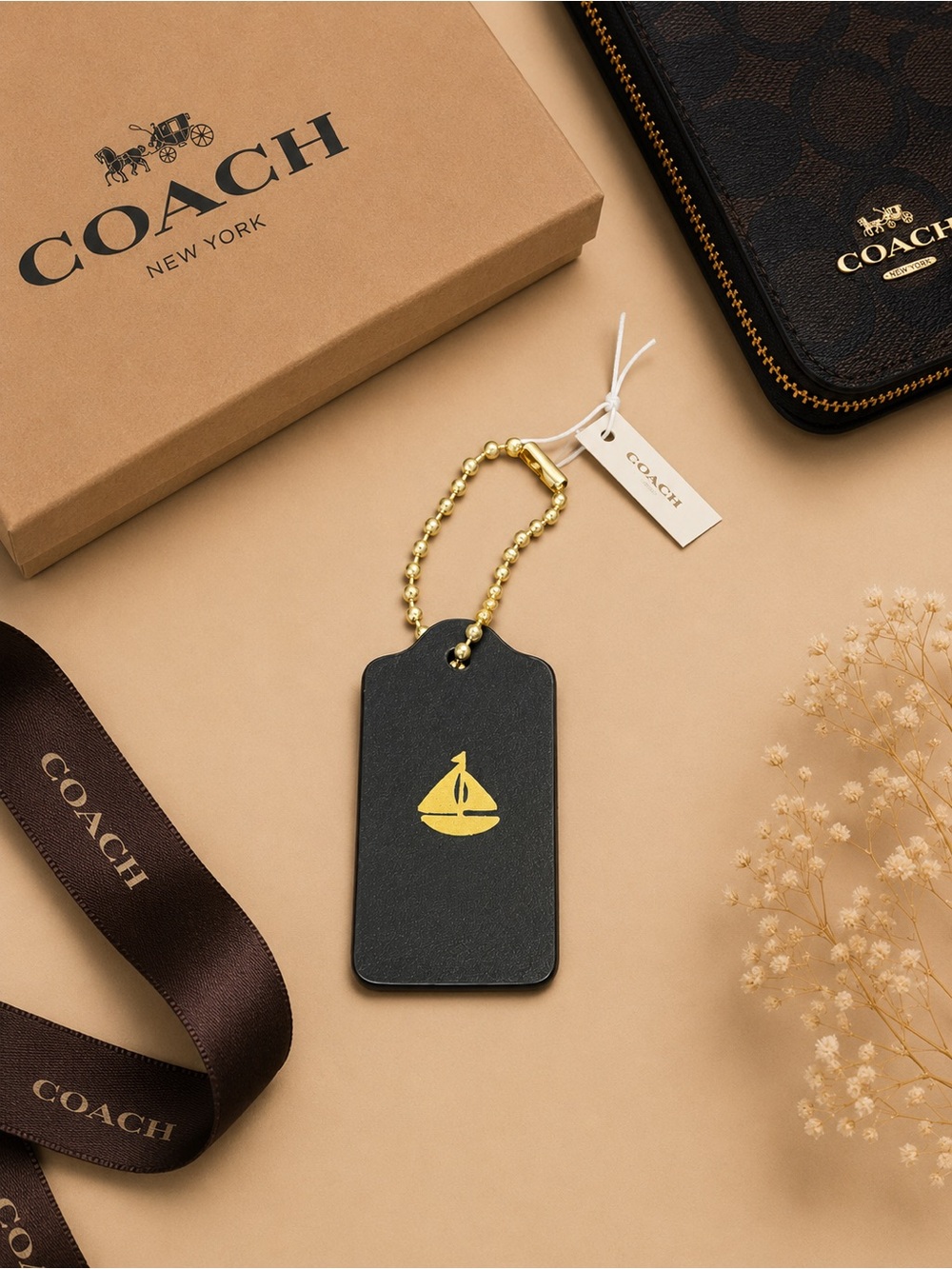 Coach Navy Blue Leather Sailboat Hangtag Keychain Charm Gold Tone NWT